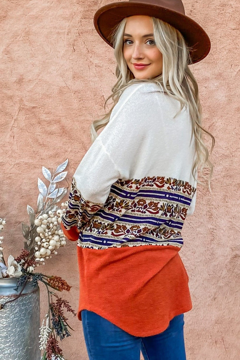 And the Why - Boho Print Color Block Top in Rust