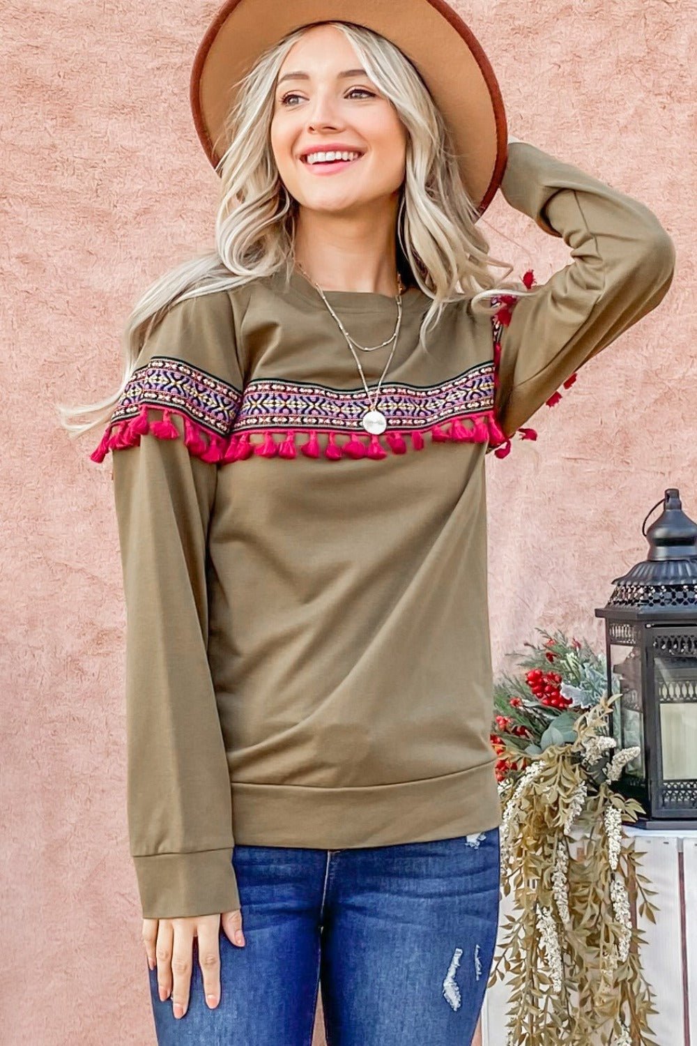 And the Why - Boho Ribbon Tassel Trim Top in Olive