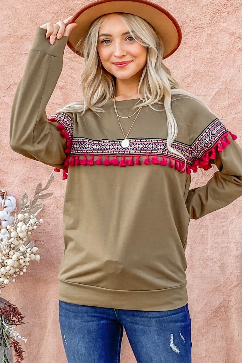 And the Why - Boho Ribbon Tassel Trim Top in Olive