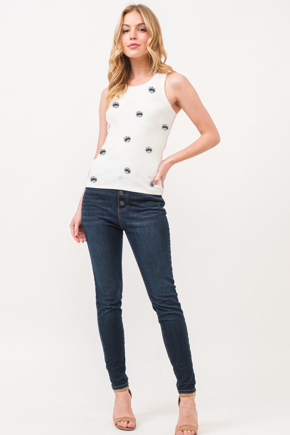 And the Why - Boo Spider Web Rib Knit Tank Top in Off White