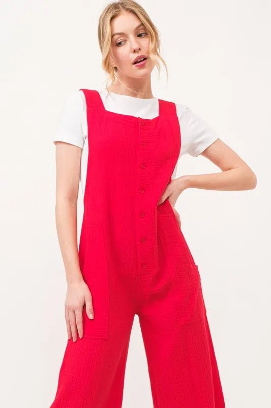 And the Why - Bright Red Wide - Leg Button Front Jumpsuit