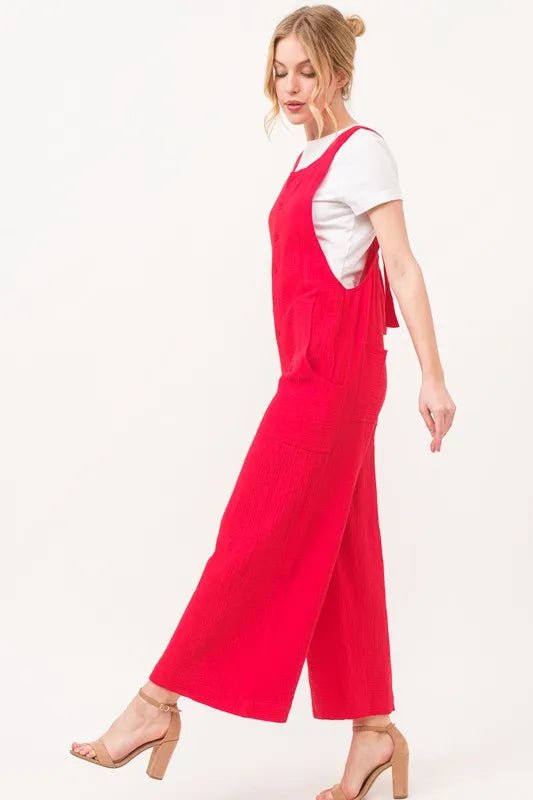 And the Why - Bright Red Wide - Leg Button Front Jumpsuit