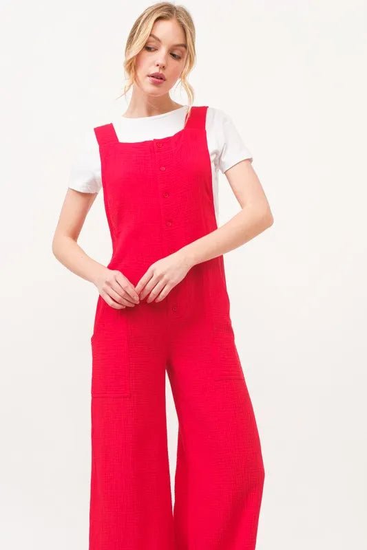 And the Why - Bright Red Wide - Leg Button Front Jumpsuit