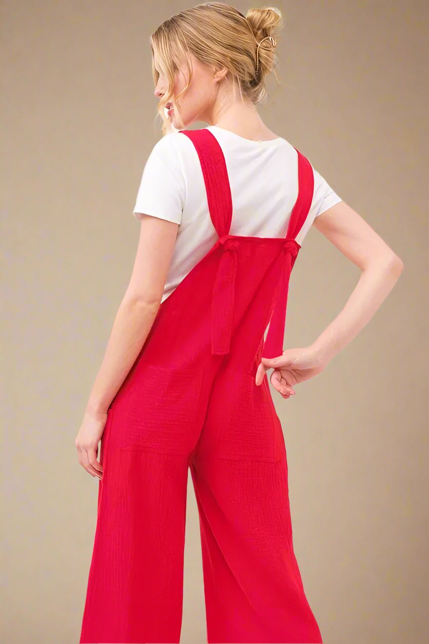And the Why - Bright Red Wide - Leg Button Front Jumpsuit