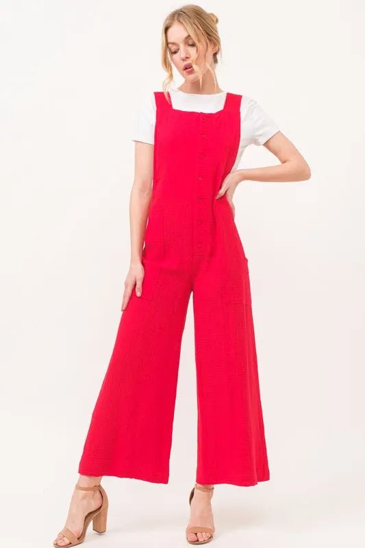 And the Why - Bright Red Wide - Leg Button Front Jumpsuit