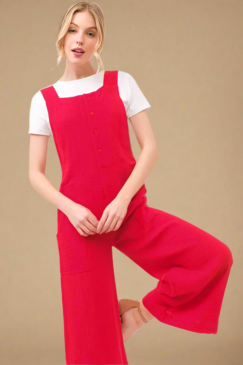 And the Why - Bright Red Wide - Leg Button Front Jumpsuit