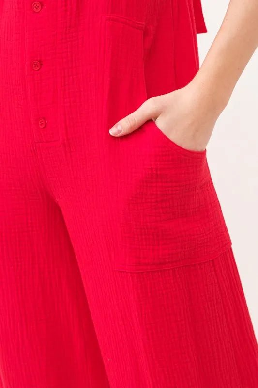 And the Why - Bright Red Wide - Leg Button Front Jumpsuit