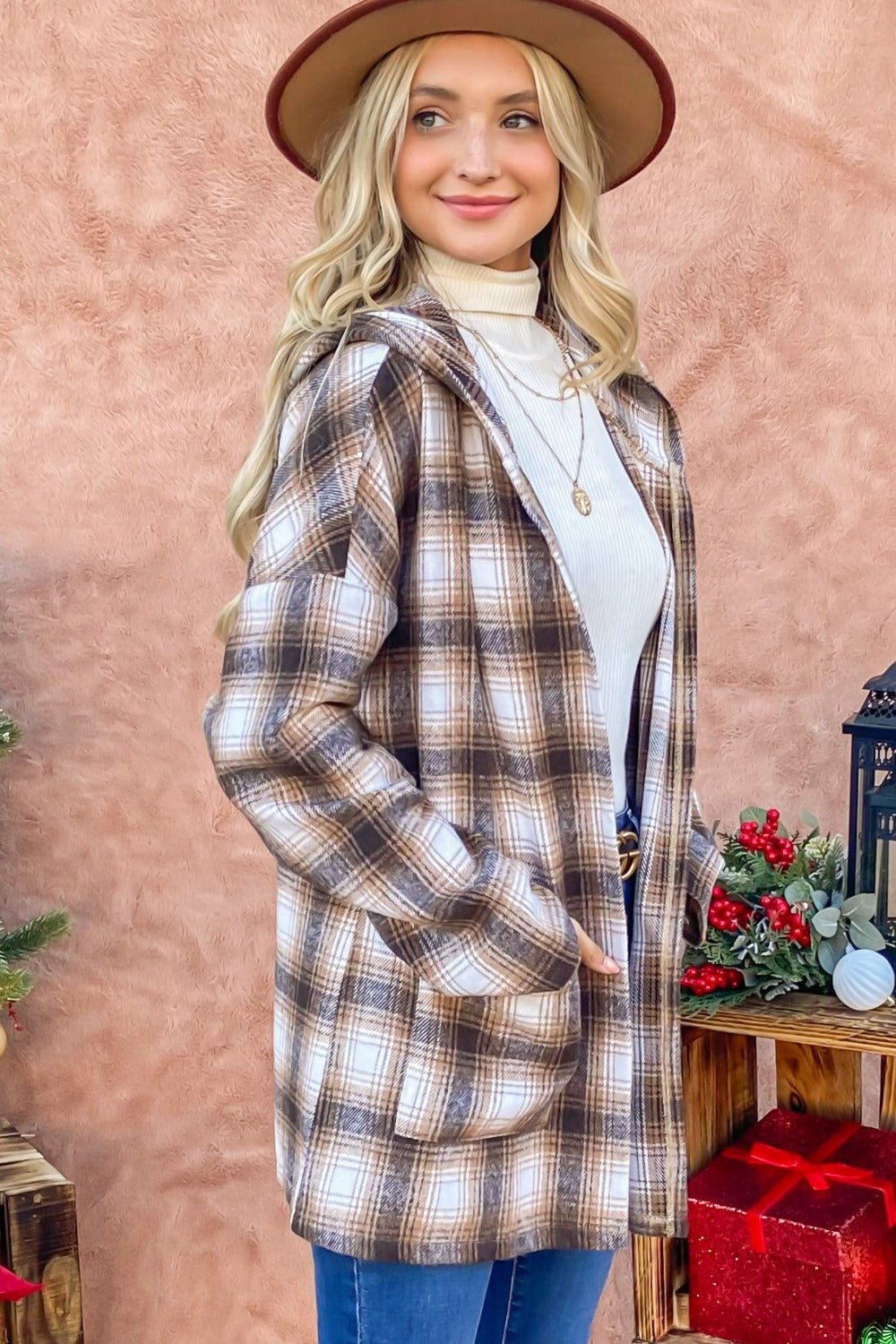 And the Why - Brown Plaid Open Front Hooded Shacket