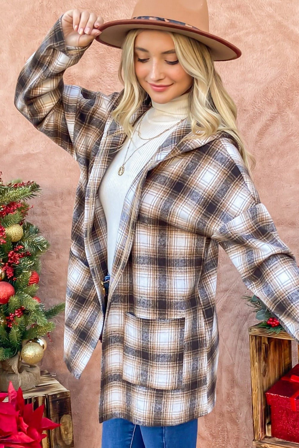 And the Why - Brown Plaid Open Front Hooded Shacket