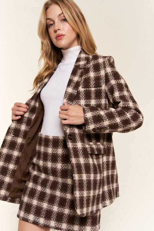 And the Why - Brushed Plaid One Button Blazer in Brown