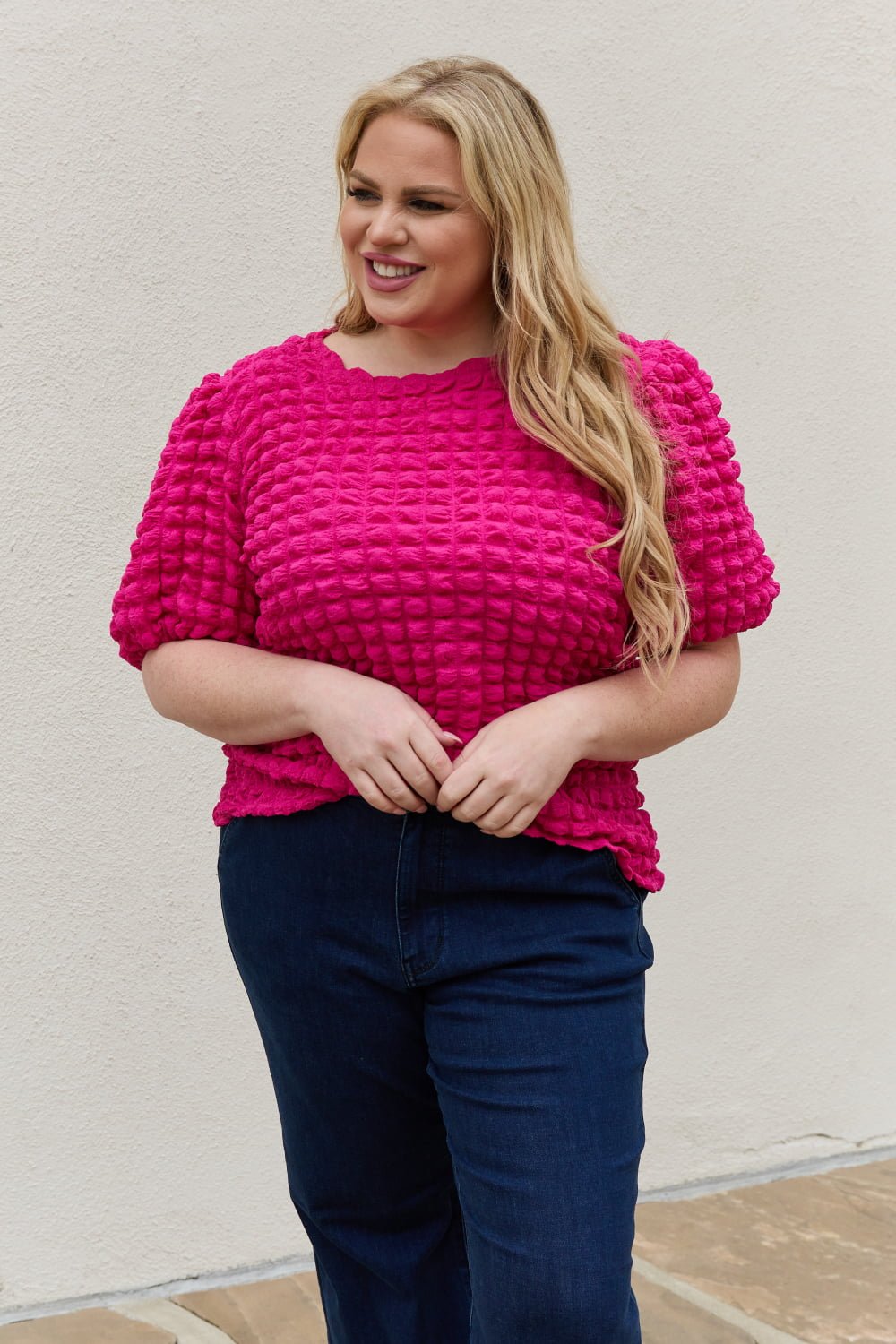 And the Why - Bubble Textured Puff Sleeve Top in Hot Pink