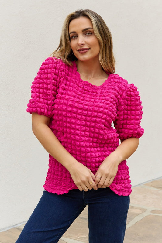 And the Why - Bubble Textured Puff Sleeve Top in Hot Pink