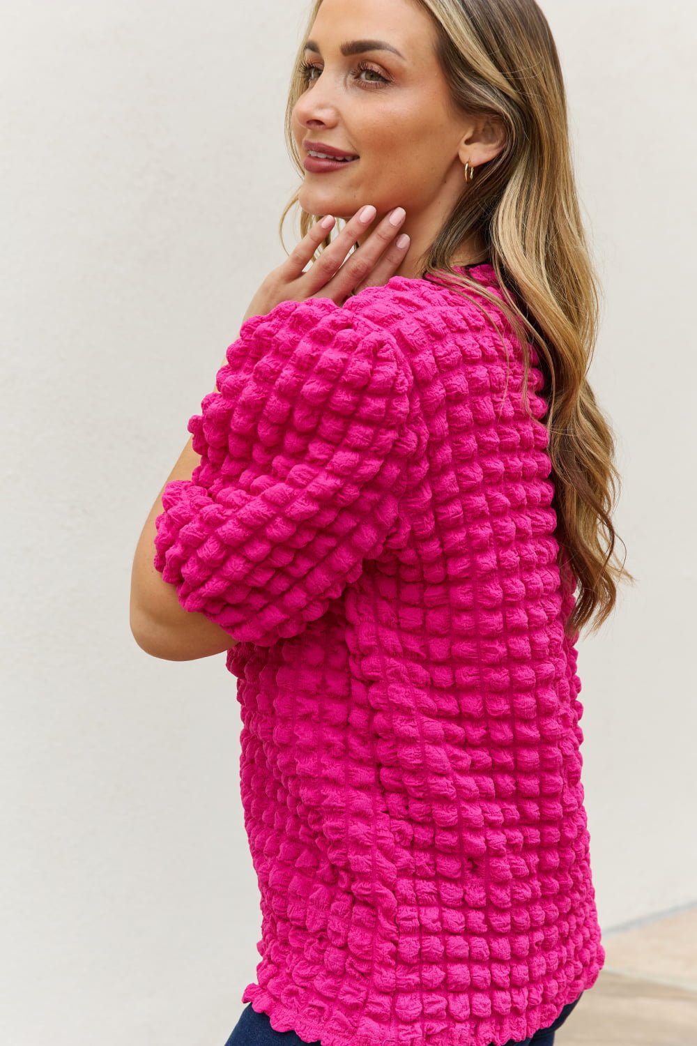 And the Why - Bubble Textured Puff Sleeve Top in Hot Pink