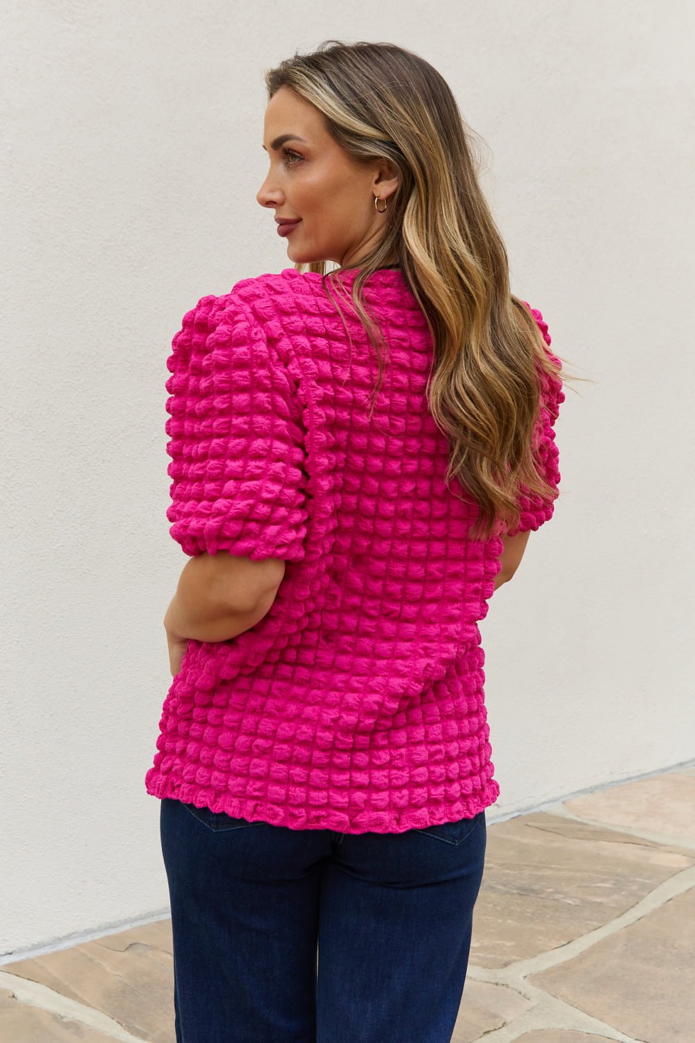 And the Why - Bubble Textured Puff Sleeve Top in Hot Pink