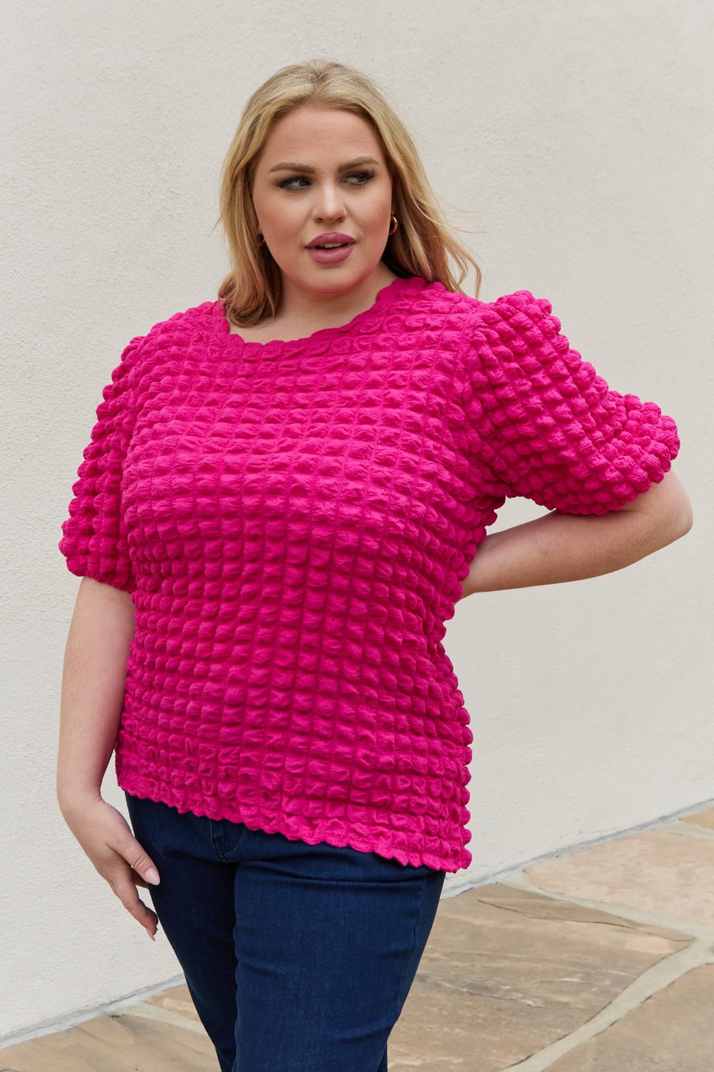 And the Why - Bubble Textured Puff Sleeve Top in Hot Pink