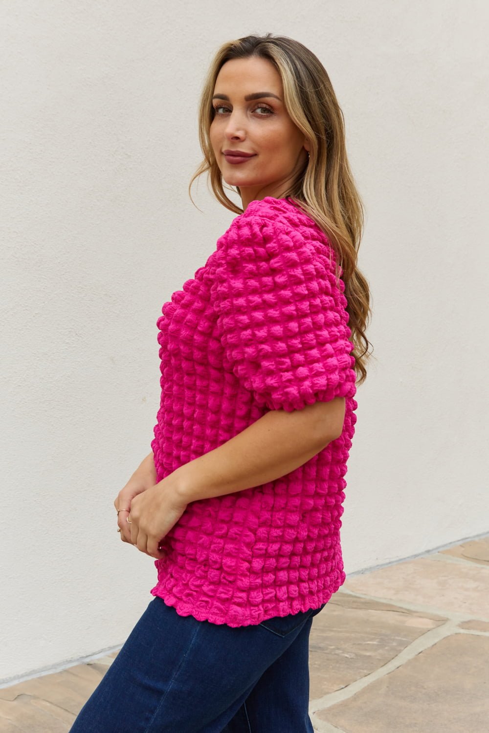 And the Why - Bubble Textured Puff Sleeve Top in Hot Pink