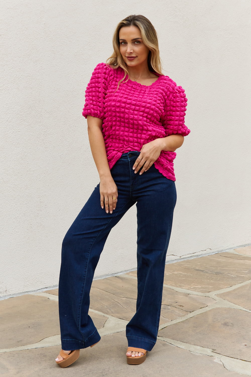 And the Why - Bubble Textured Puff Sleeve Top in Hot Pink