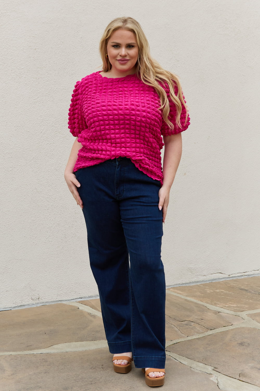 And the Why - Bubble Textured Puff Sleeve Top in Hot Pink