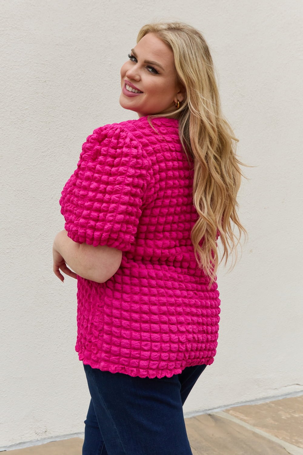 And the Why - Bubble Textured Puff Sleeve Top in Hot Pink