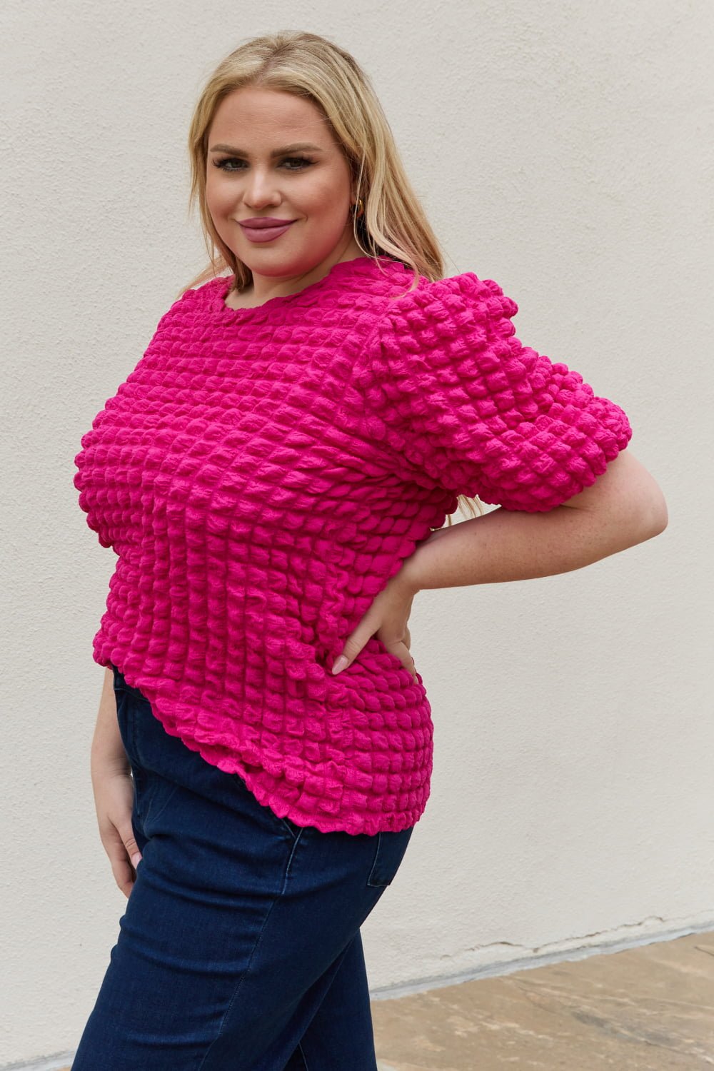 And the Why - Bubble Textured Puff Sleeve Top in Hot Pink