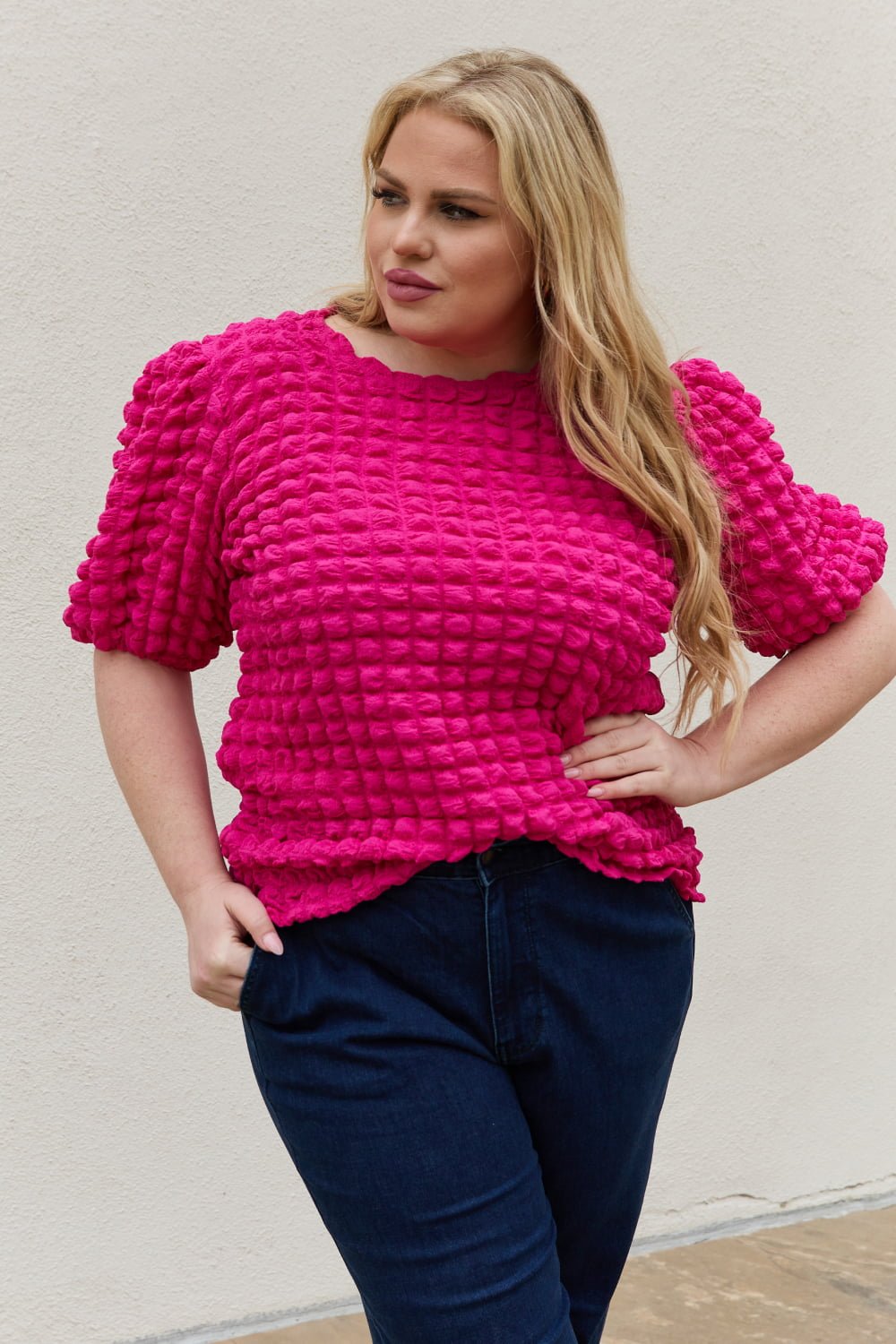 And the Why - Bubble Textured Puff Sleeve Top in Hot Pink