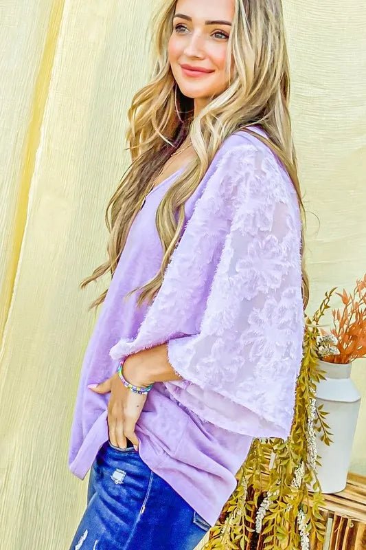 And the Why - Burnout Floral Sleeve Top – Lavender