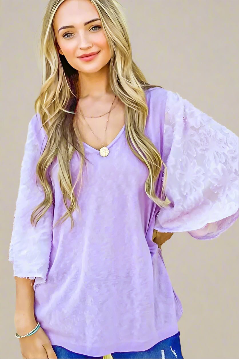 And the Why - Burnout Floral Sleeve Top – Lavender
