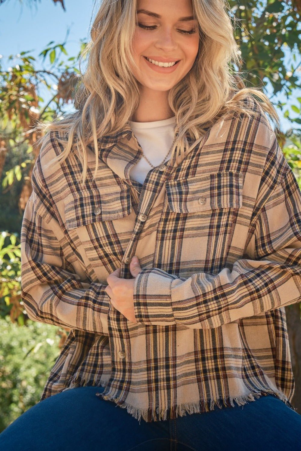 And the Why - Button Up Raw Hem Plaid Shirt in Taupe