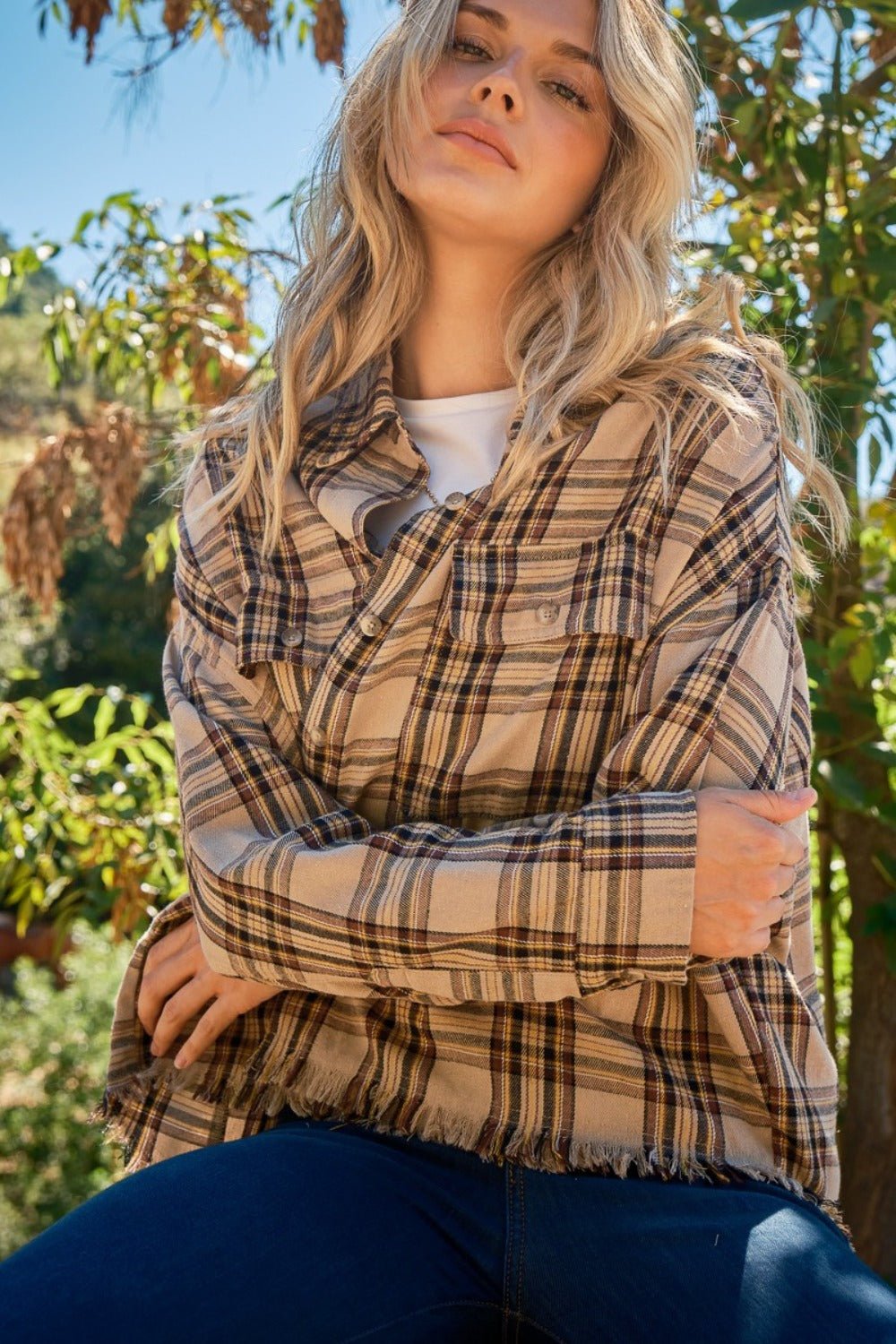 And the Why - Button Up Raw Hem Plaid Shirt in Taupe