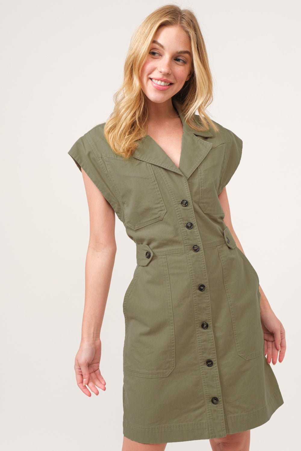 And the Why - Button Up Sleeveless Mini Dress in Olive