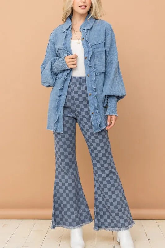 And the Why - Checker Flare Knit Pants – Washed Denim