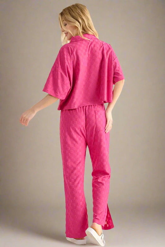 And the Why - Checkered Pocket Polo Top in Bright Fuchsia