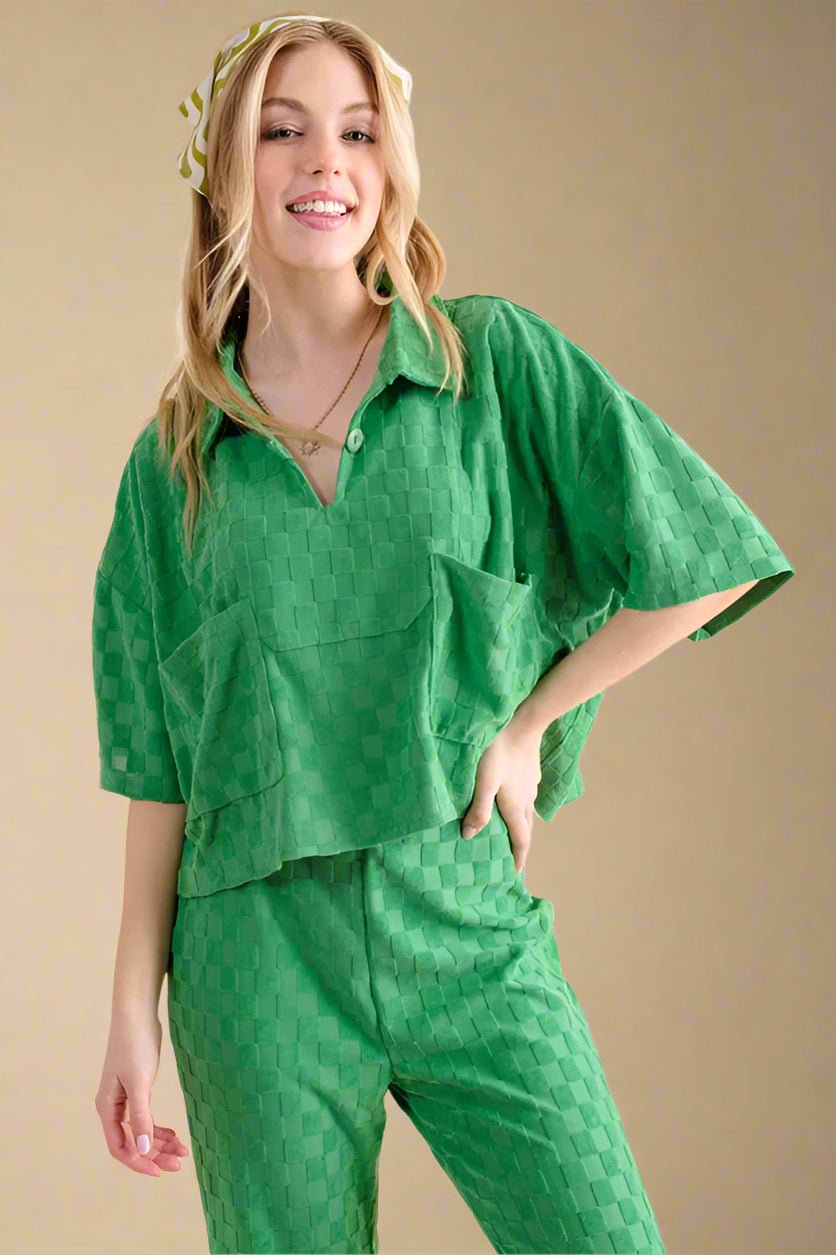 And the Why - Checkered Textured Boxy Button Polo Top - Kelly Green