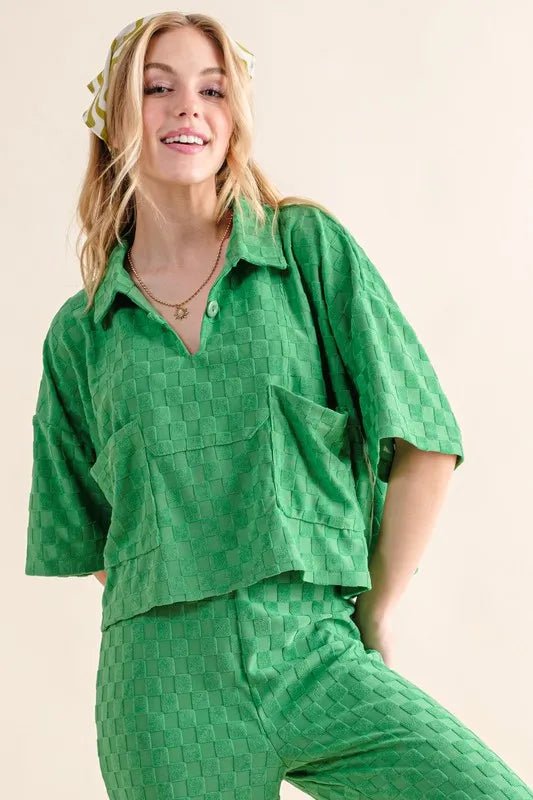 And the Why - Checkered Textured Boxy Button Polo Top - Kelly Green