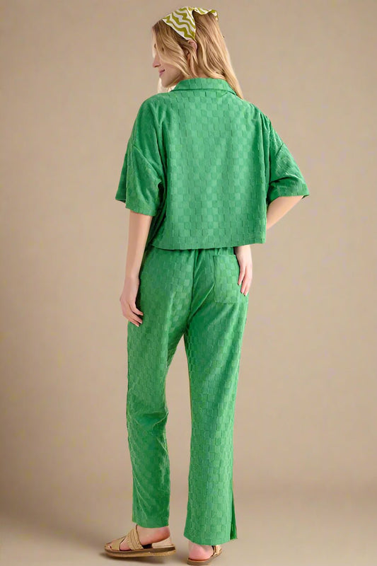 And the Why - Checkered Textured Boxy Button Polo Top - Kelly Green