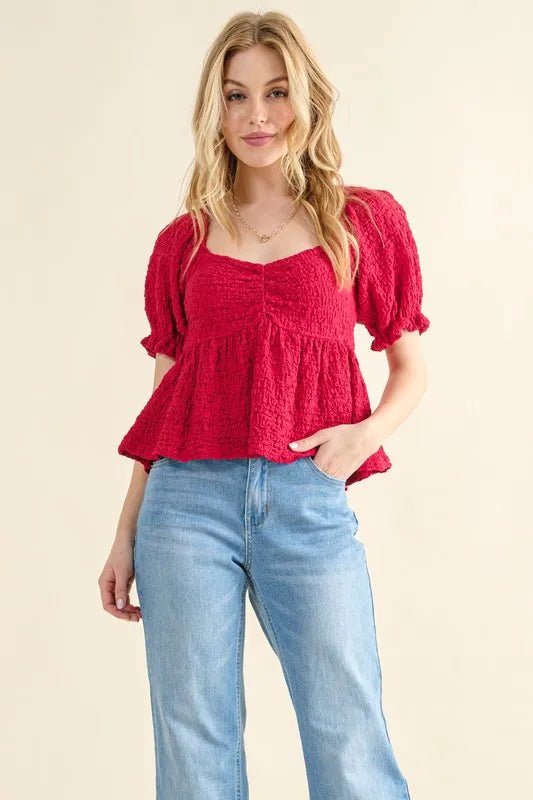 And the Why - Cherry Red Crinkle Babydoll Top