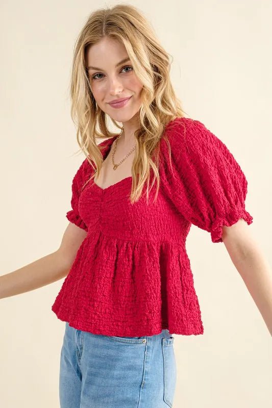 And the Why - Cherry Red Crinkle Babydoll Top