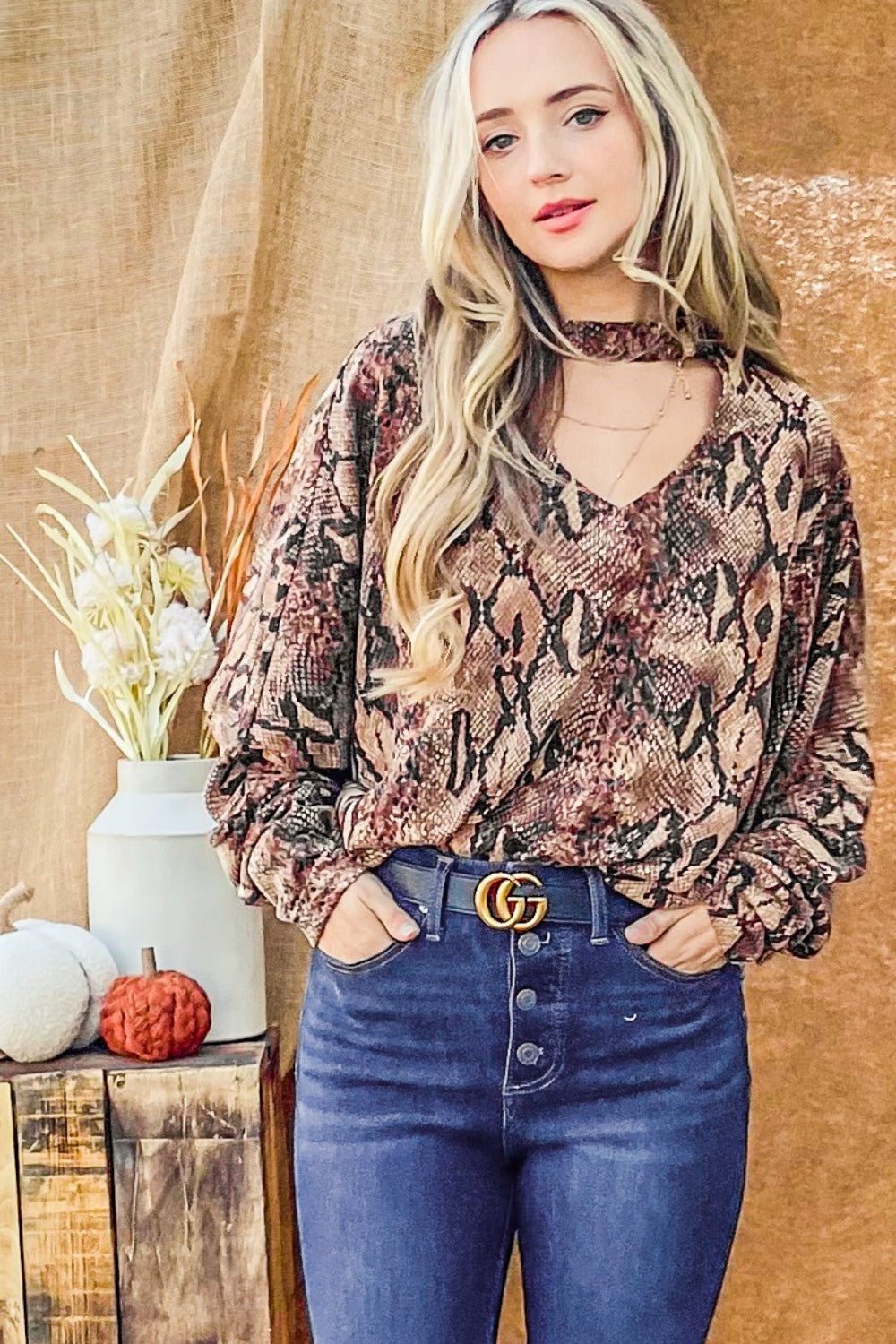 And the Why - Choker Neck Dolman Sleeve Snake Print Top