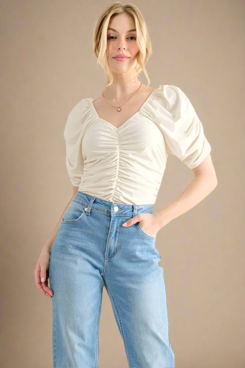 And the Why - Cream Ruched Puff Sleeve Bodysuit