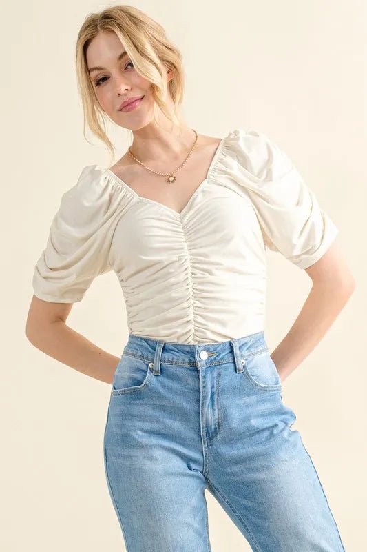 And the Why - Cream Ruched Puff Sleeve Bodysuit