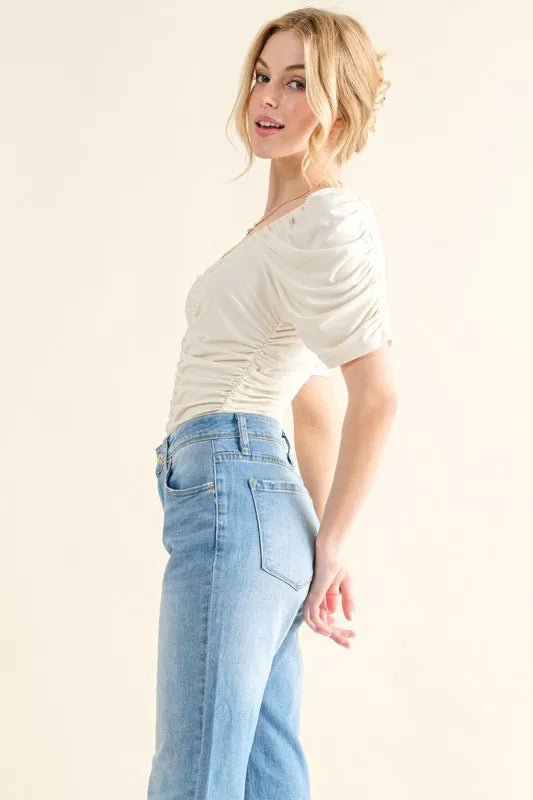 And the Why - Cream Ruched Puff Sleeve Bodysuit