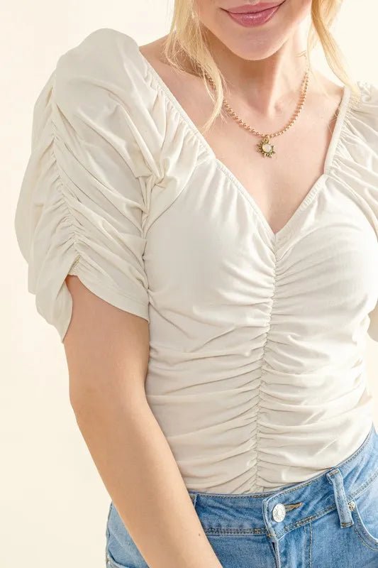 And the Why - Cream Ruched Puff Sleeve Bodysuit