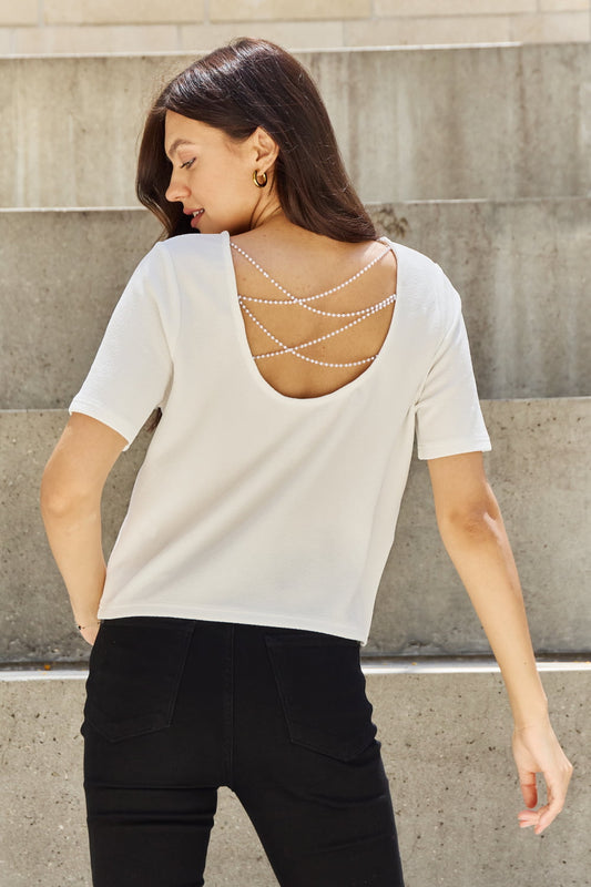 And the Why - Criss Cross Pearl Detail Open Back T - Shirt in Off - White