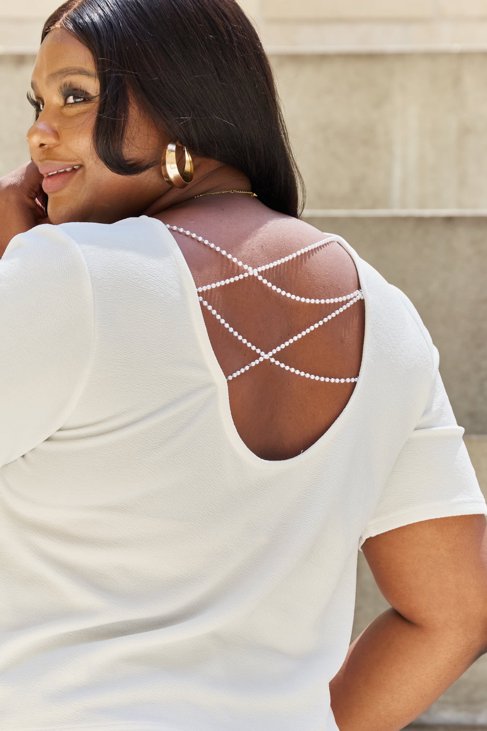 And the Why - Criss Cross Pearl Detail Open Back T - Shirt in Off - White