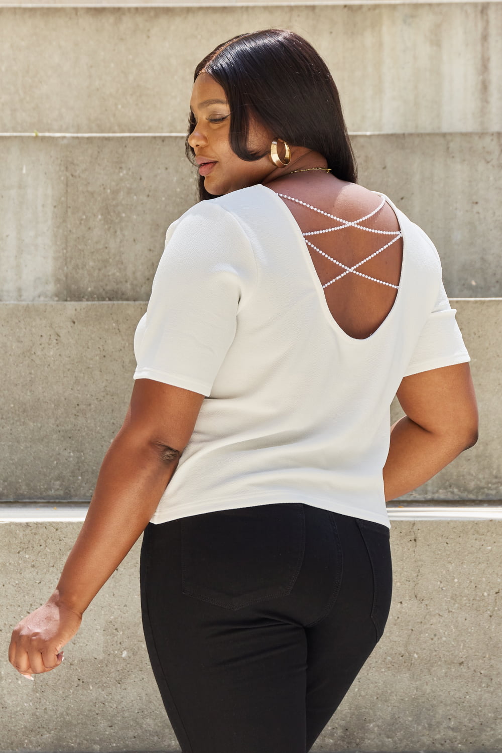 And the Why - Criss Cross Pearl Detail Open Back T - Shirt in Off - White