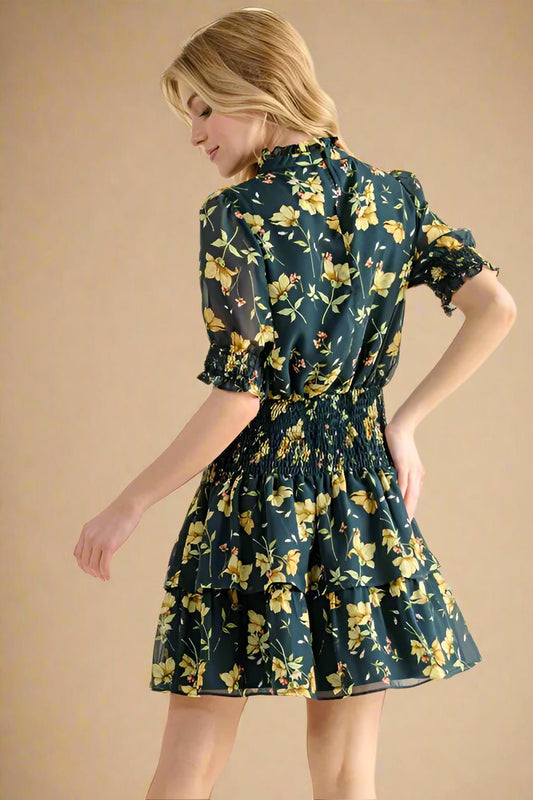 And the Why - Dark Teal Floral Smocked Mini Dress