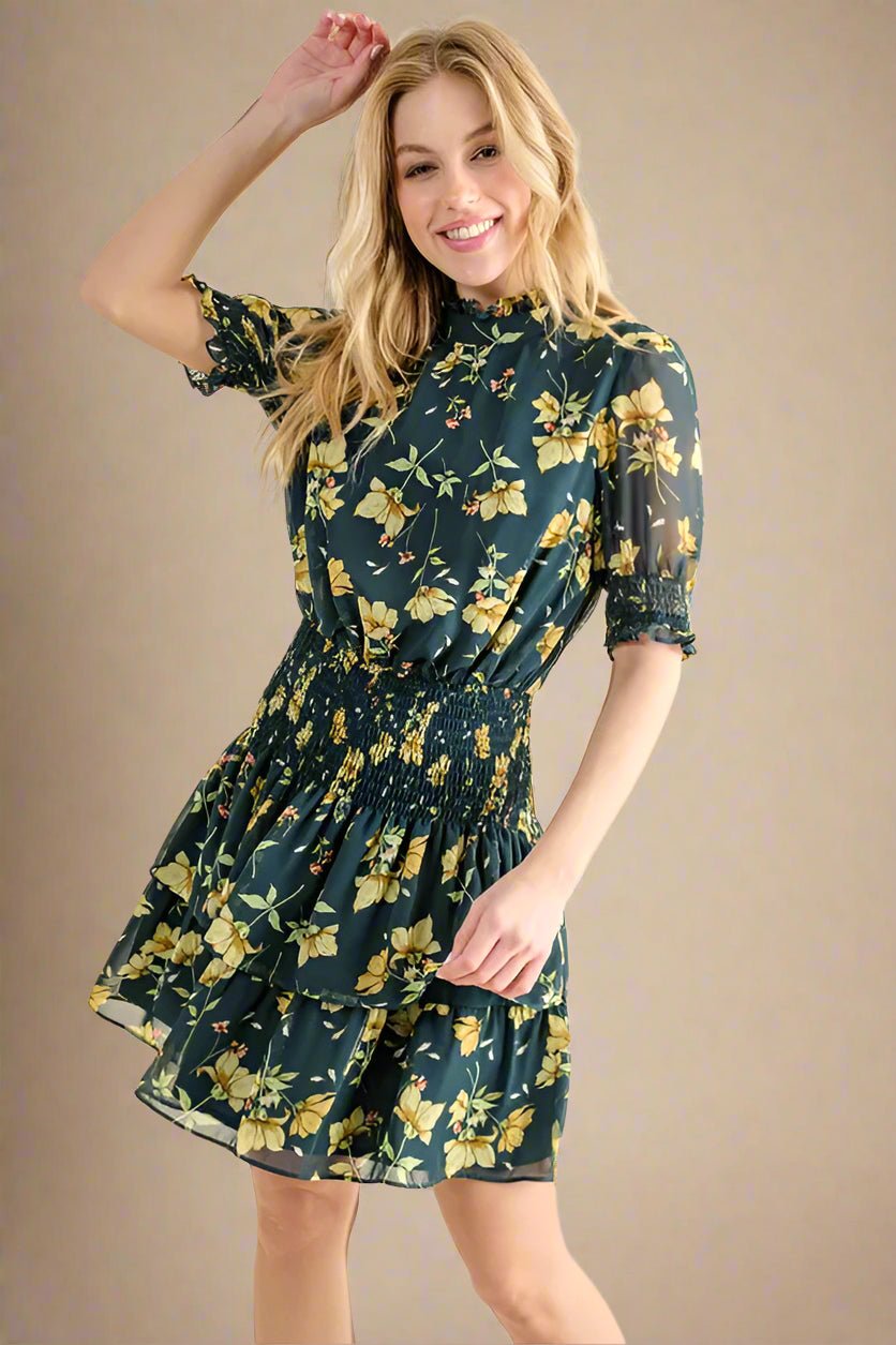 And the Why - Dark Teal Floral Smocked Mini Dress