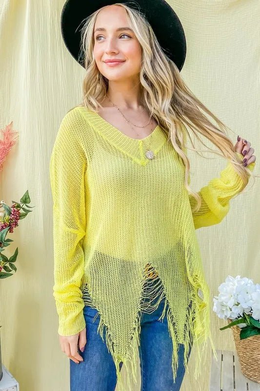 And the Why - Distressed Fringe Knit Sweater in Neon Yellow