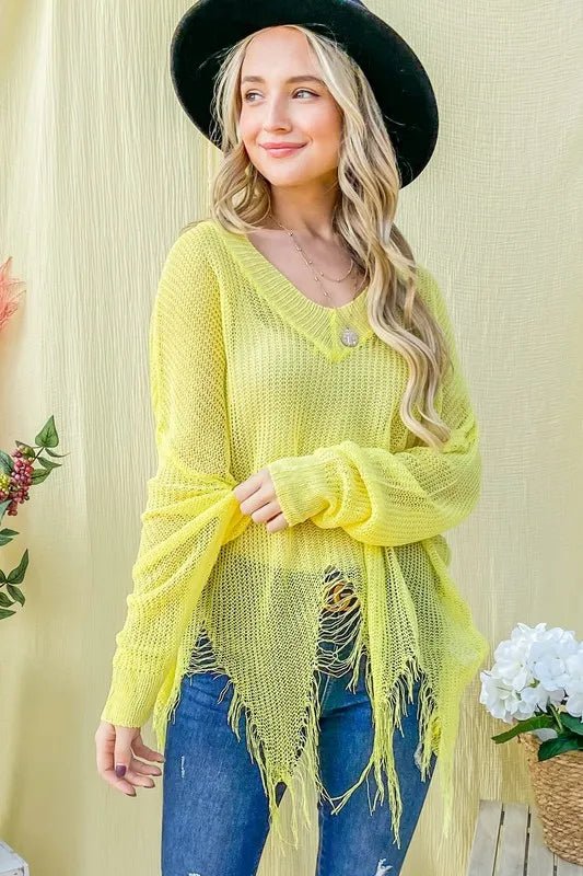 And the Why - Distressed Fringe Knit Sweater in Neon Yellow
