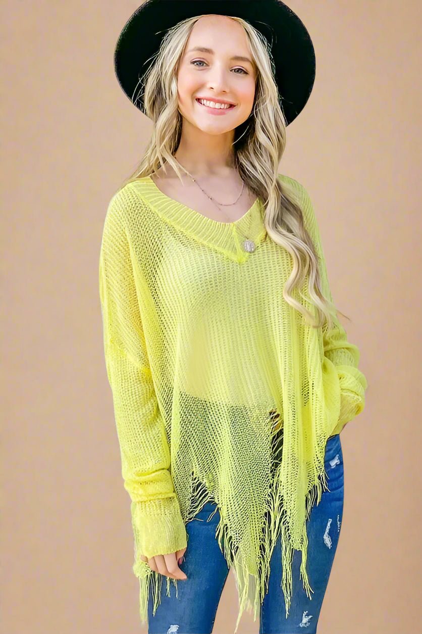 And the Why - Distressed Fringe Knit Sweater in Neon Yellow